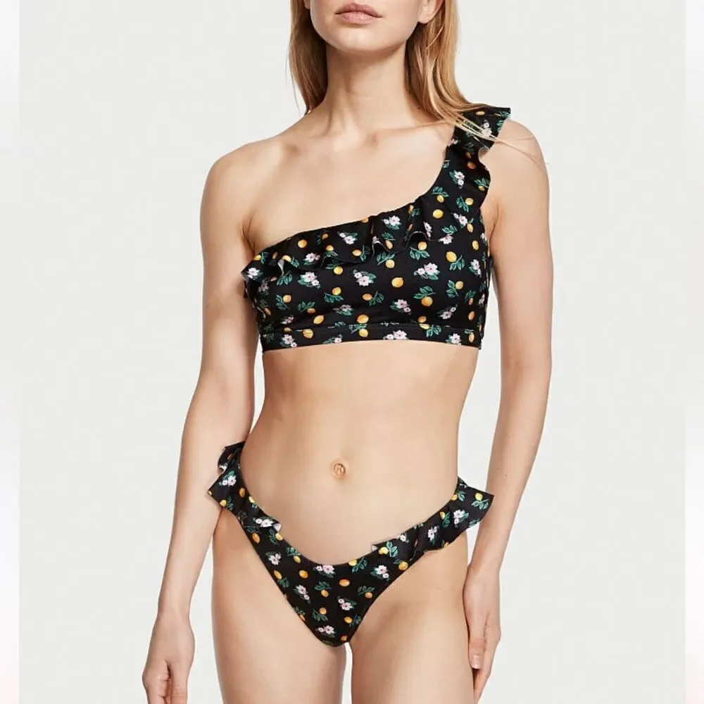 Victoria’s Secret Swim Ruffle One-Shoulder Bikini Top XL & bottom L set Black…